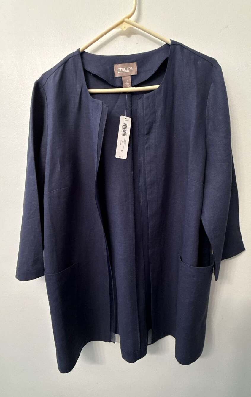 NWT Chico's long duster 100% linen navy blue patch pockets LAGENLOOK EASY